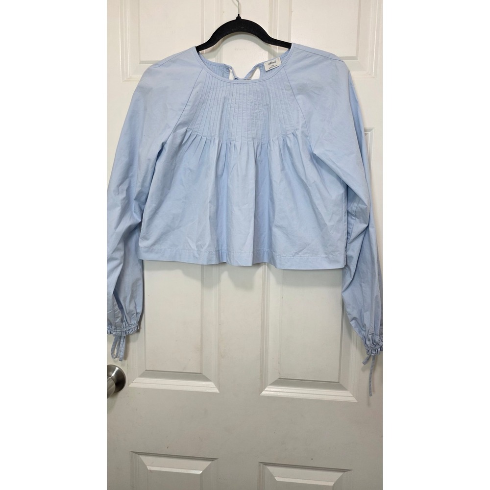 Wilfred Aritzia Blouse Womens XXS Blue Cotton Pleated Open Back Tie Crop Top